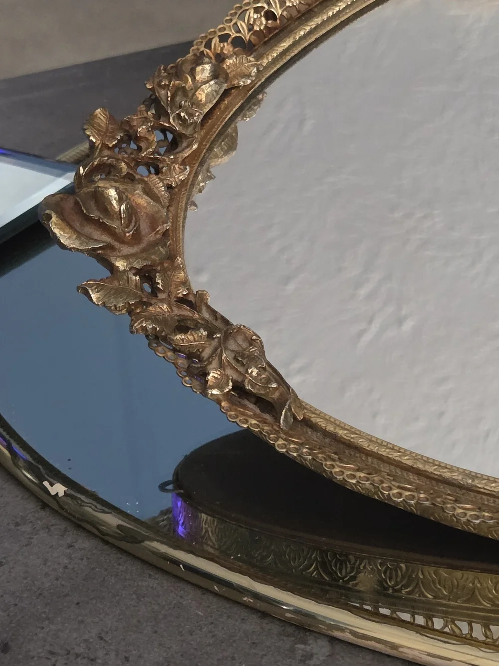 1960s 24 Karat Gold Plated Matson Golden Rose Ormolu Vintage Vanity Mirror Tray